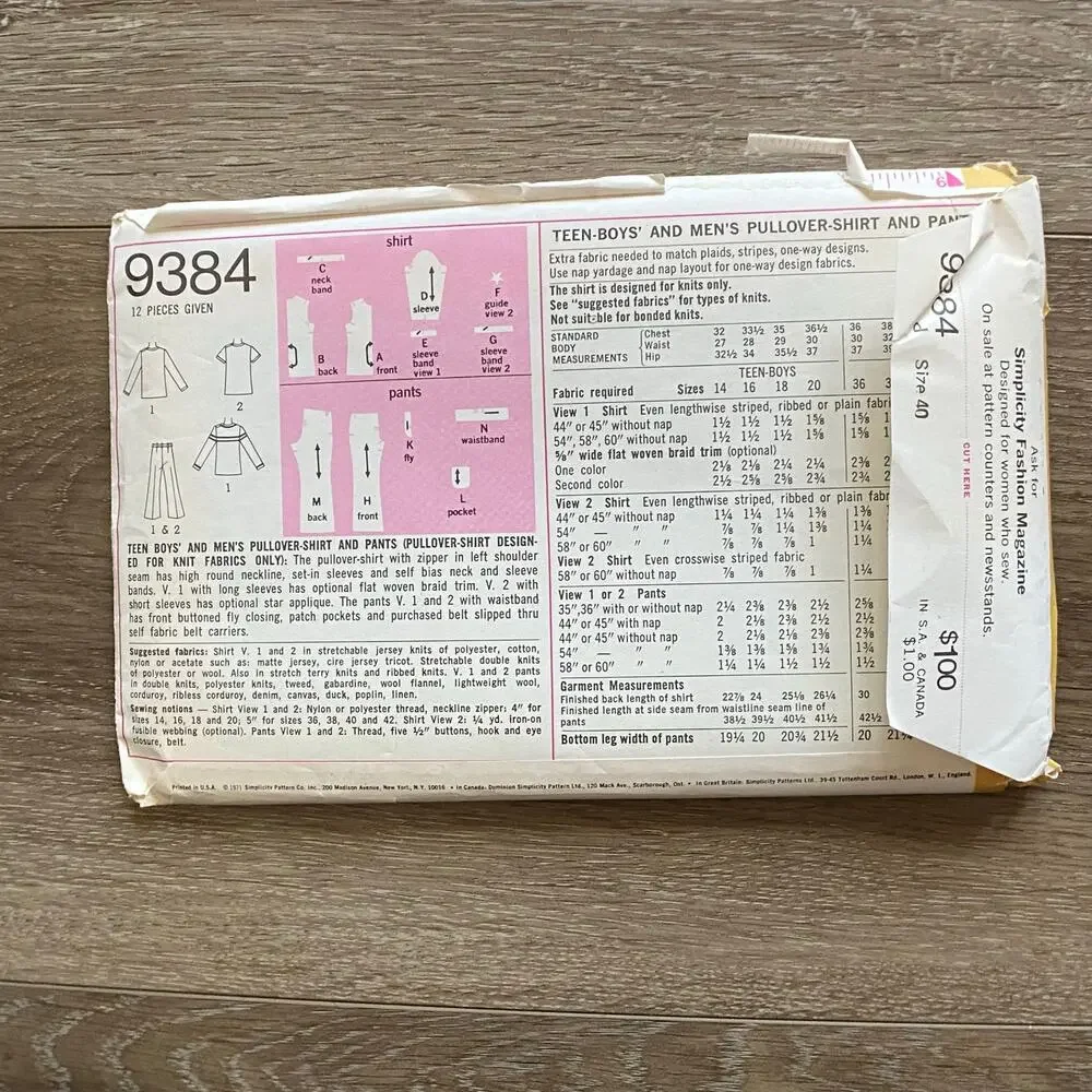 Vintage Sewing Patterns Mens McCall & Simplicity 1970 Chest 40 Waist 34 Lot 2